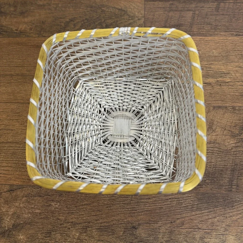 Vintage Woven Metal Wire Basket Silver Gold Trim Square Made in India 9.5 x 5 in